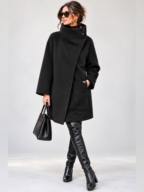 Zara Woman Wool Angora Funnel Neck Asymmetric Coat Black L